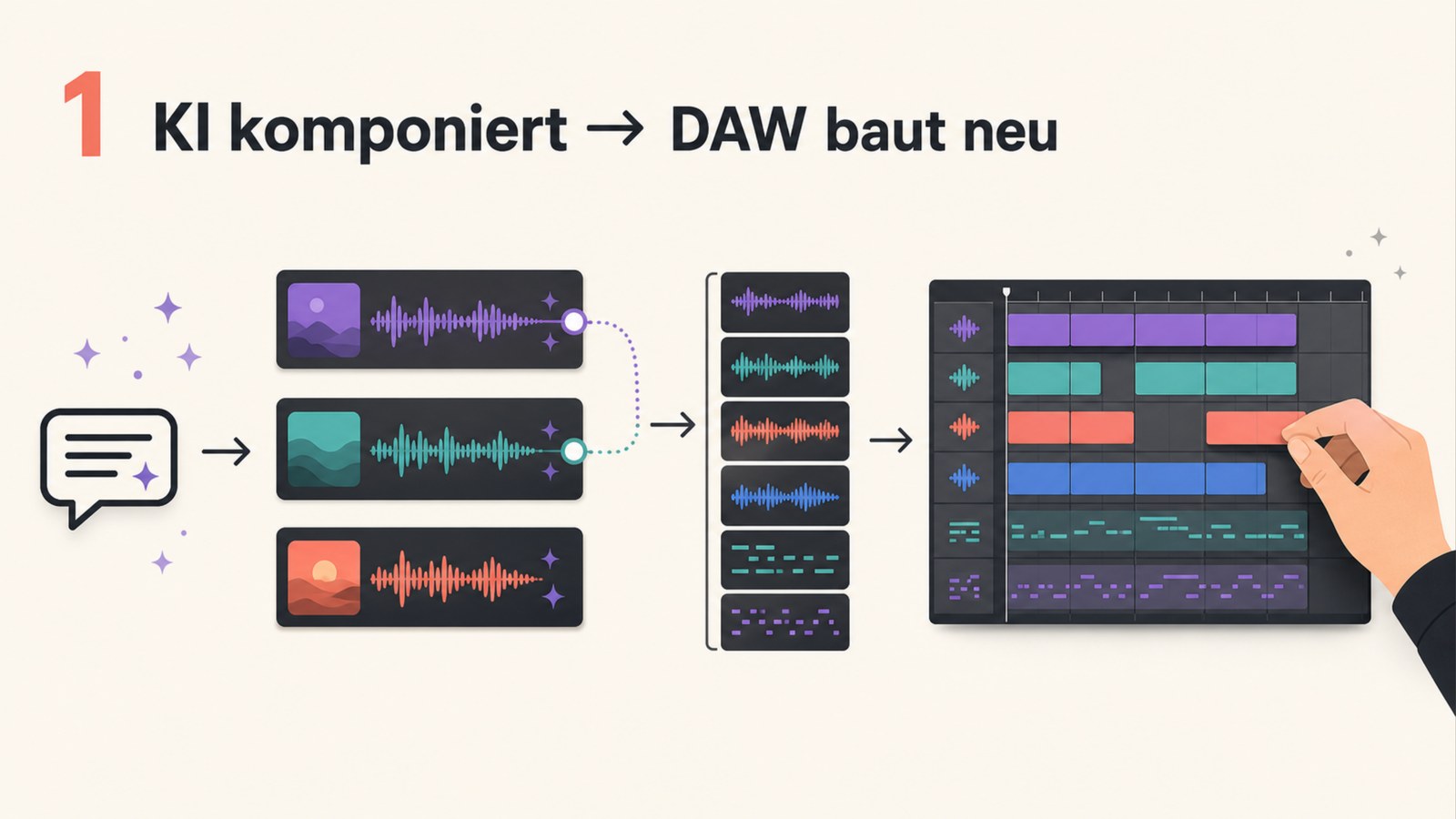 Modell 1: KI komponiert, DAW baut neu – ein Prompt erzeugt Songs, die Stems wandern in die DAW