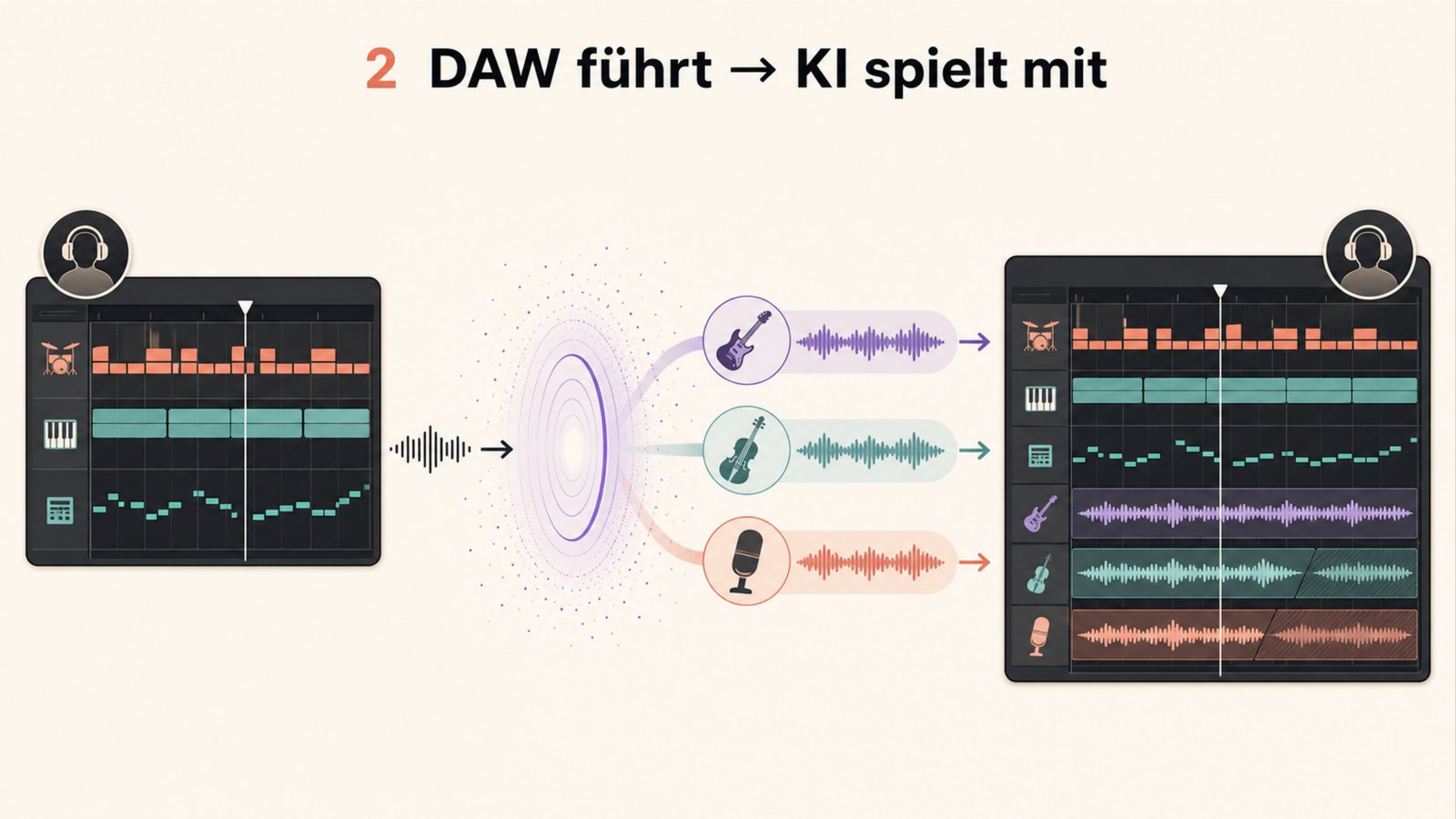 Modell 2: DAW führt, KI spielt mit – das Grundgerüst geht in die KI, einzelne Instrumente kommen zurück