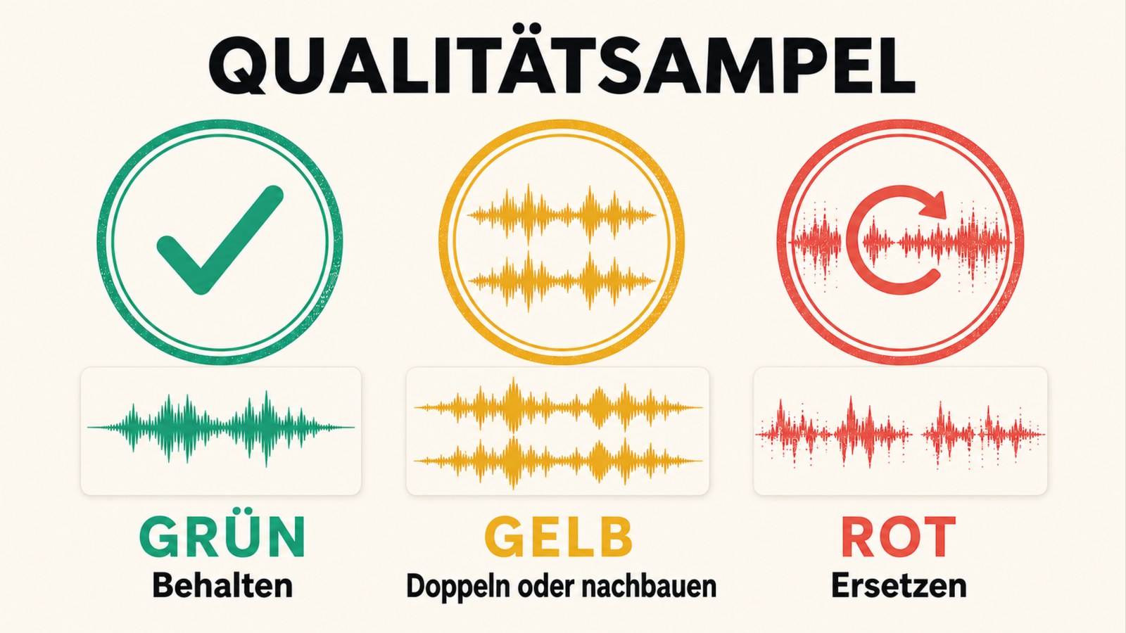 Qualitätsampel: Grün behalten, Gelb doppeln oder nachbauen, Rot ersetzen