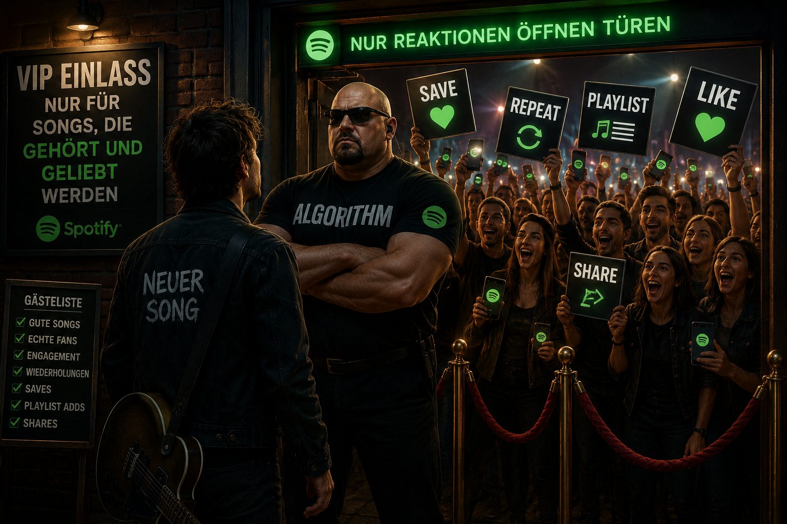 Ein Türsteher mit dem Aufdruck ALGORITHM vor einem Club, dahinter Menschen mit Schildern: Save, Repeat, Playlist, Like, Share