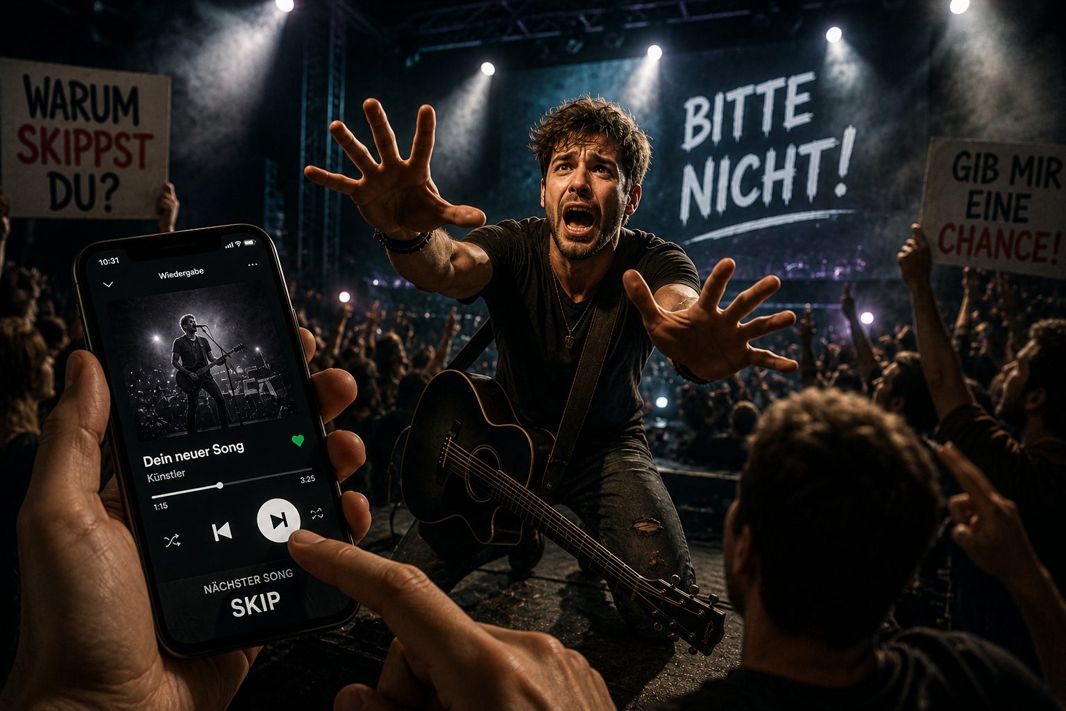 Ein Künstler auf der Bühne streckt flehend die Hand aus, davor ein Handy mit dem Skip-Button