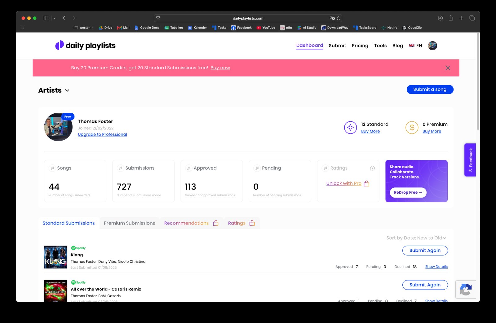 Screenshot der Plattform DailyPlaylists mit Playlist-Auswahl