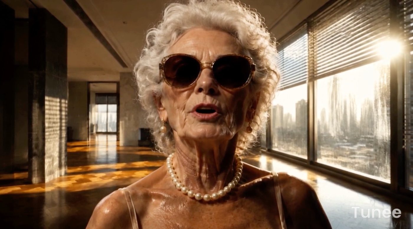 Die von Tunee erfundene ältere Dame mit Sonnenbrille und Perlenkette